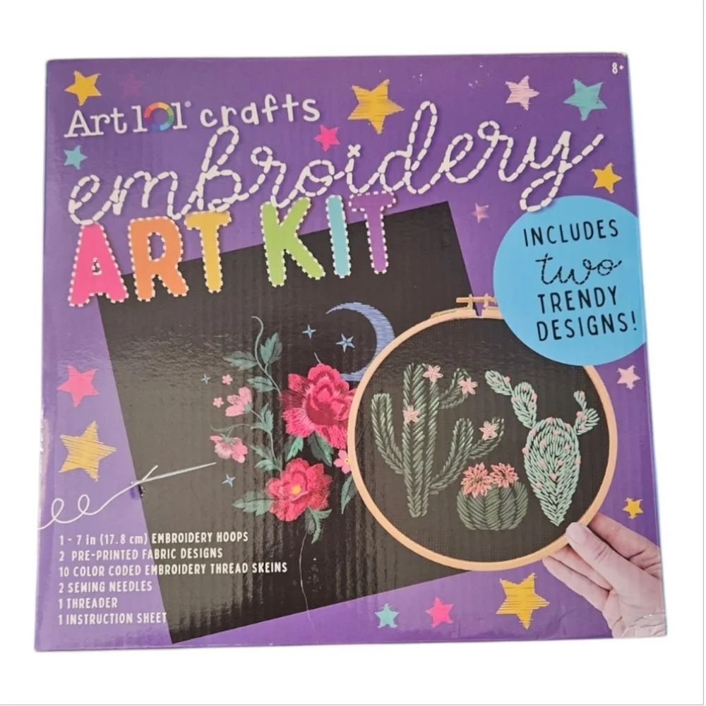 Art 101 Crafts Embroidery Art Kit Two Designs Floral w/Moon & Cactus Preprinted